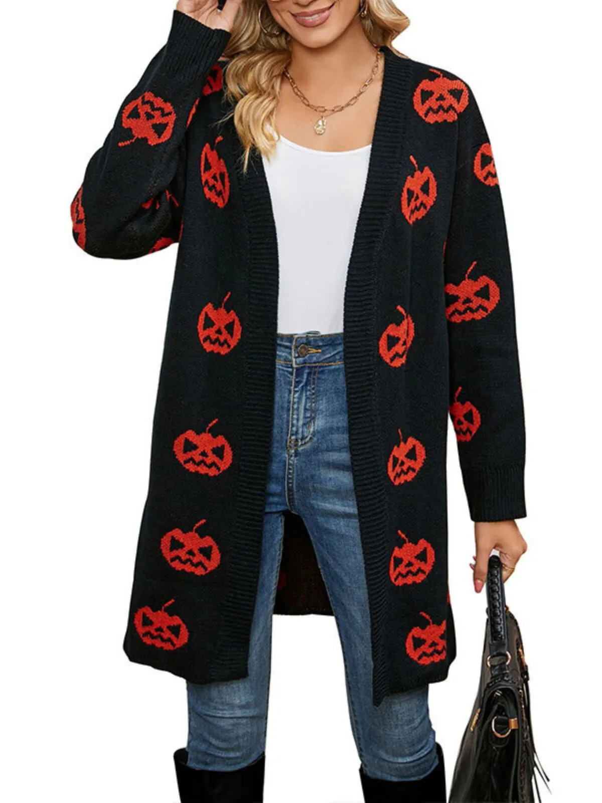Halloween Funny Pumpkin Rib-knit V-neck Outwear Cardigan, 9 of 10