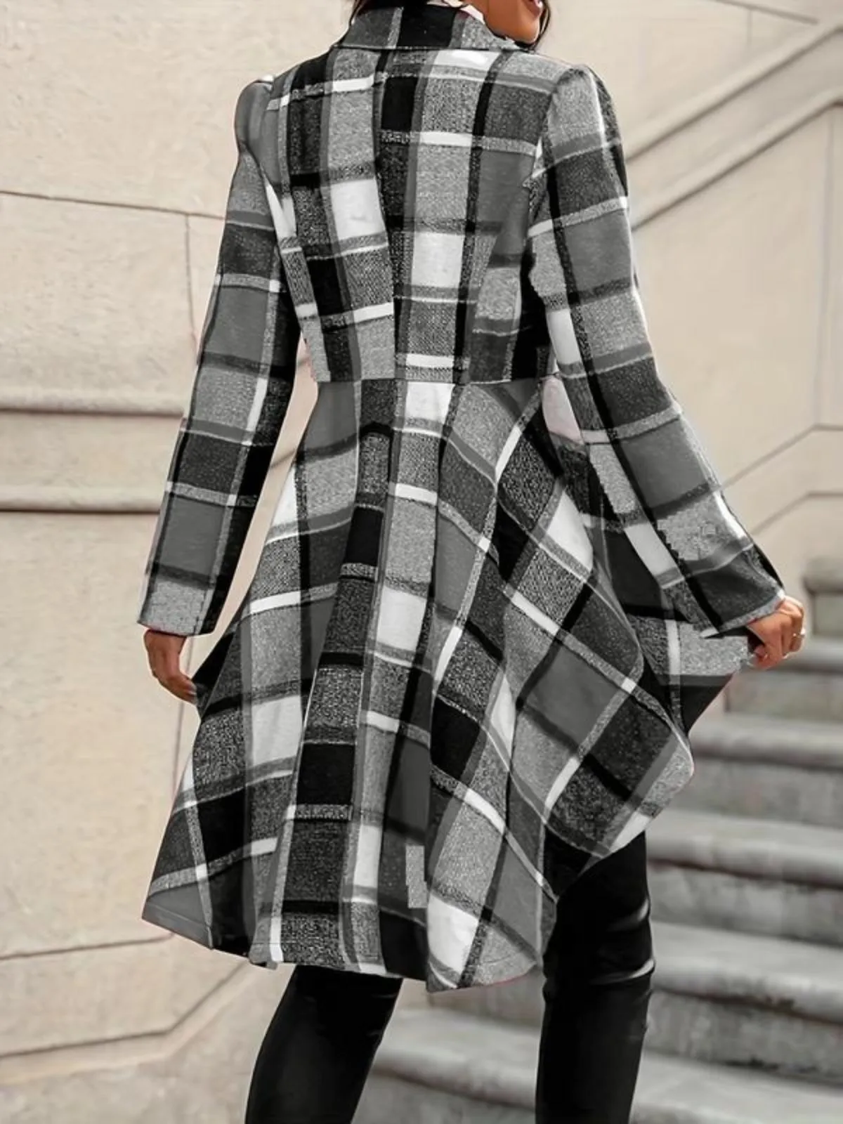 Gingham Plaid Asymmetrical Lapel High Low Hem Coat, 2 of 2