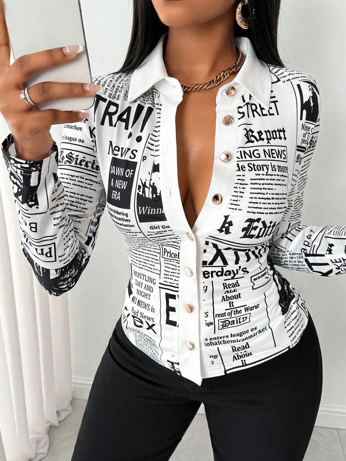 Slogan Print Button Front Design Lapel Shirts for Daily Wear, 1 of 7