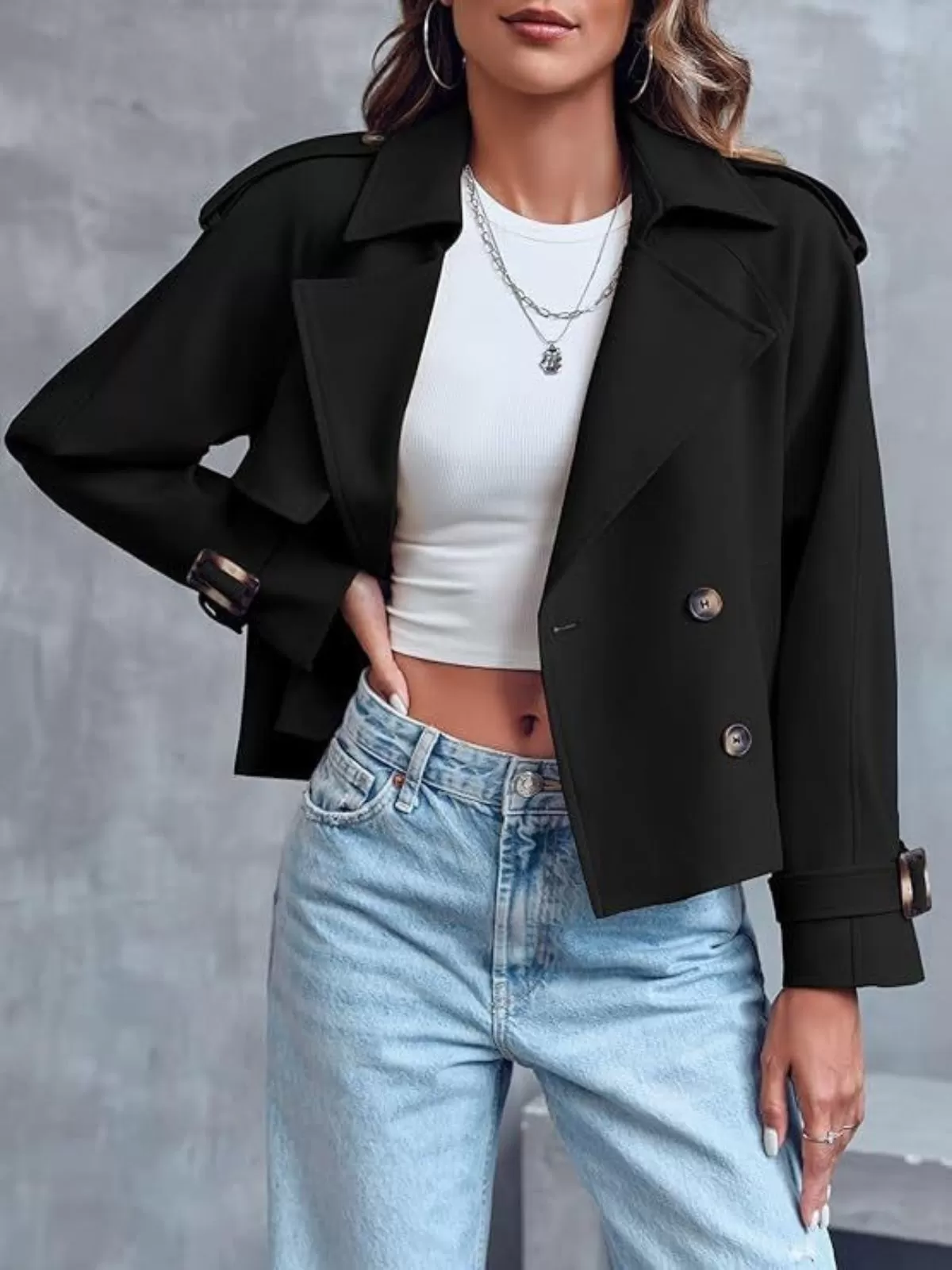 Solid Button V-neck Crop Double Breasted Trench Coat Raglan Sleeve Work Office Cropped Jacket, 1 of 3