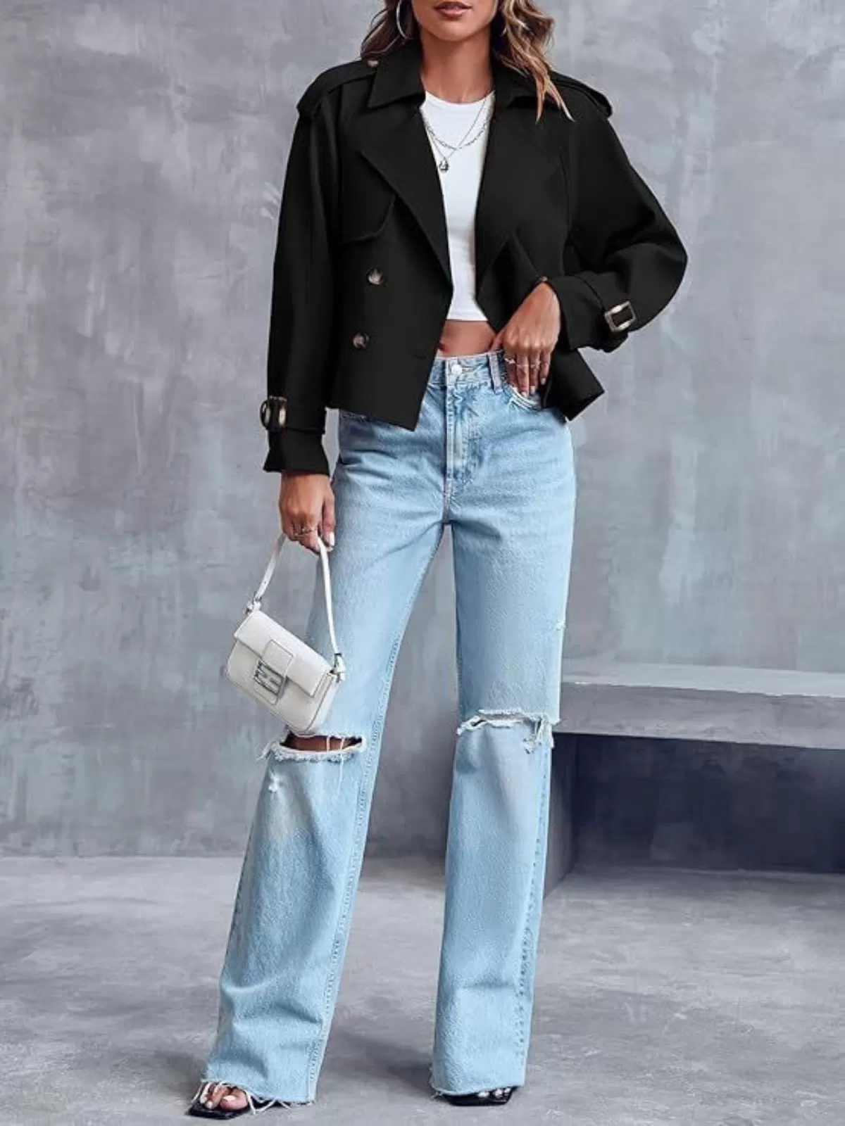 Solid Button V-neck Crop Double Breasted Trench Coat Raglan Sleeve Work Office Cropped Jacket, 2 of 3