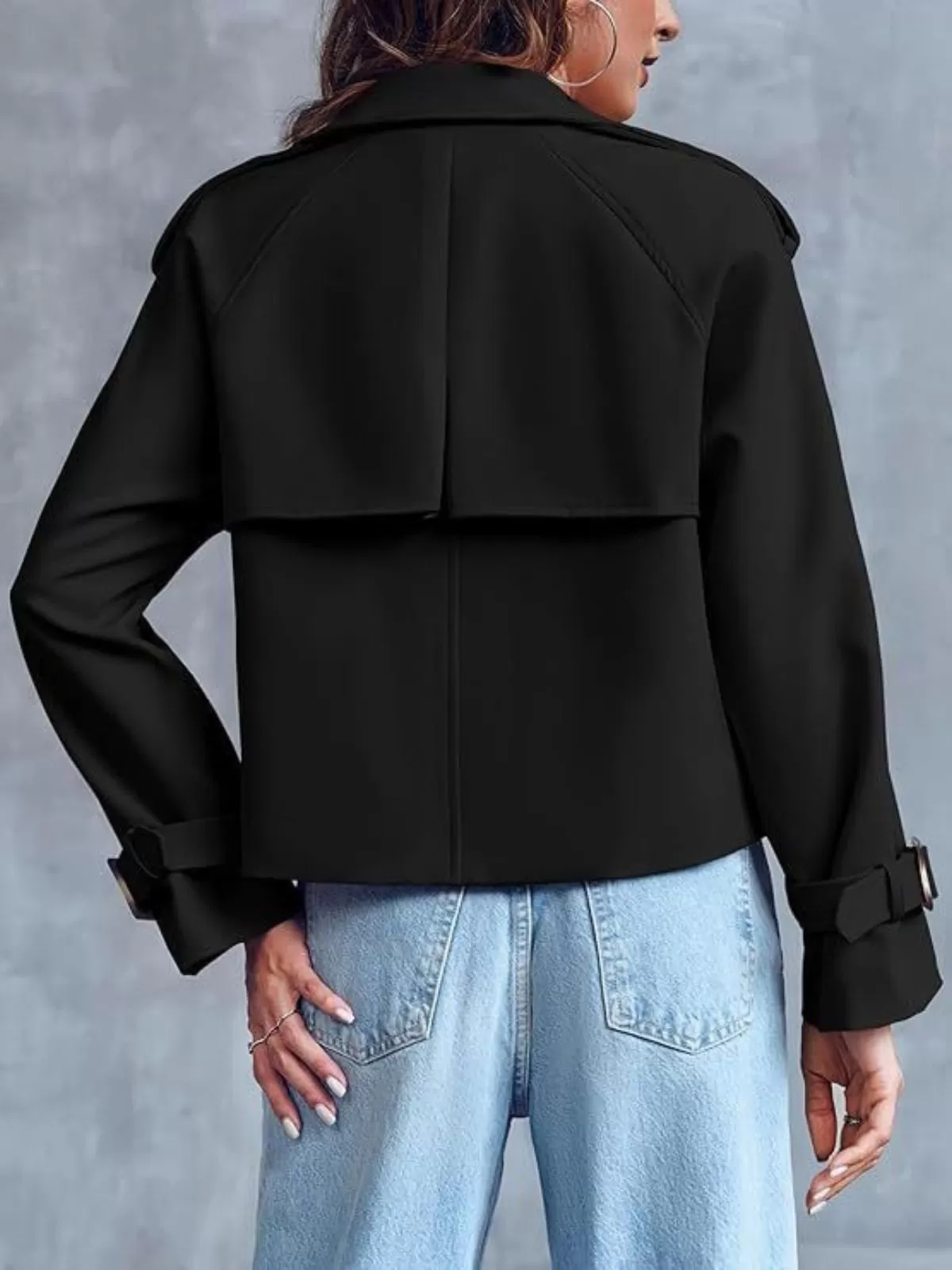 Solid Button V-neck Crop Double Breasted Trench Coat Raglan Sleeve Work Office Cropped Jacket, 3 of 3