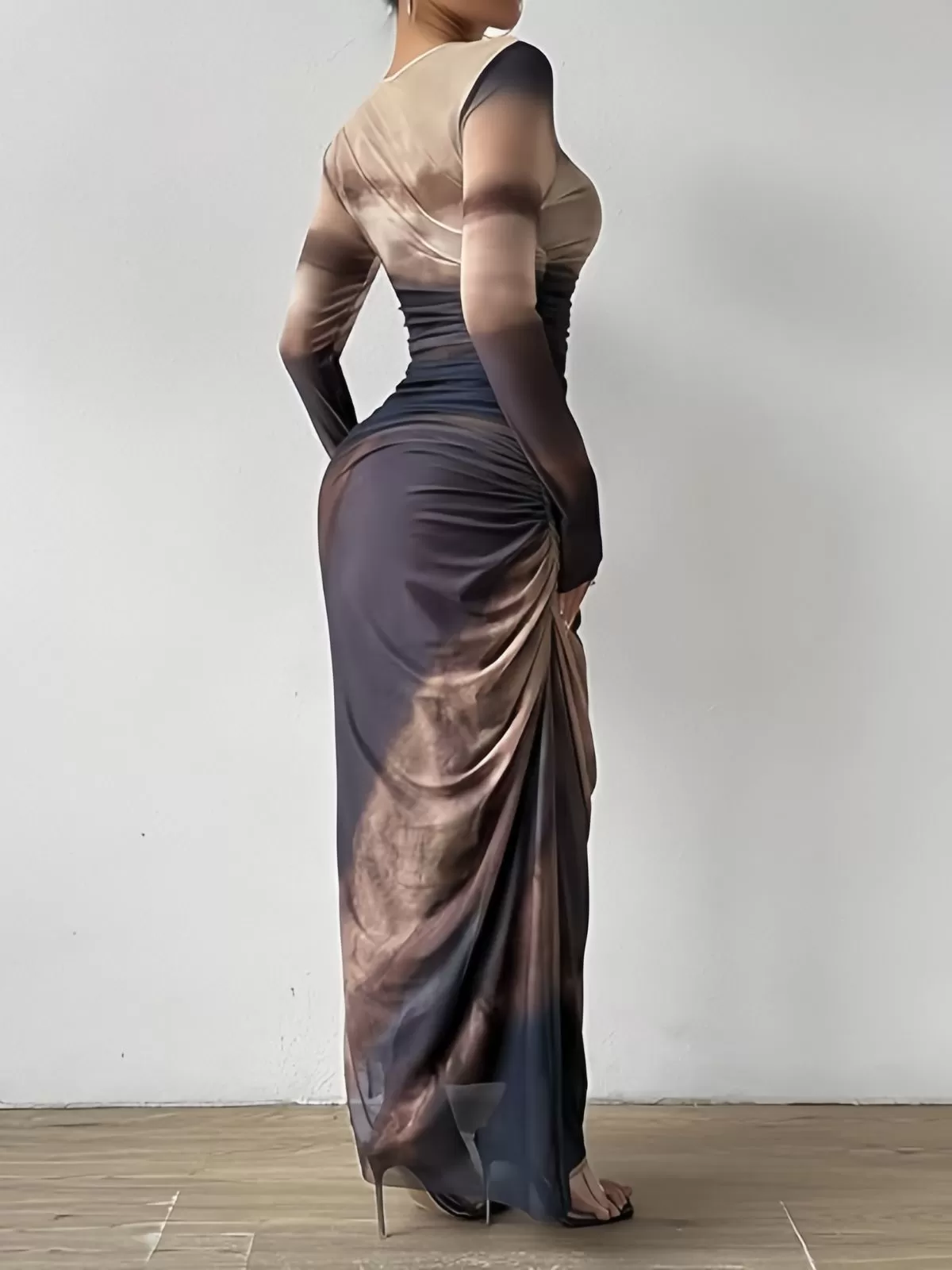  All Over Print Ruched Elegant Long Sleeve Round Neck Bodycon Dress, 3 of 3