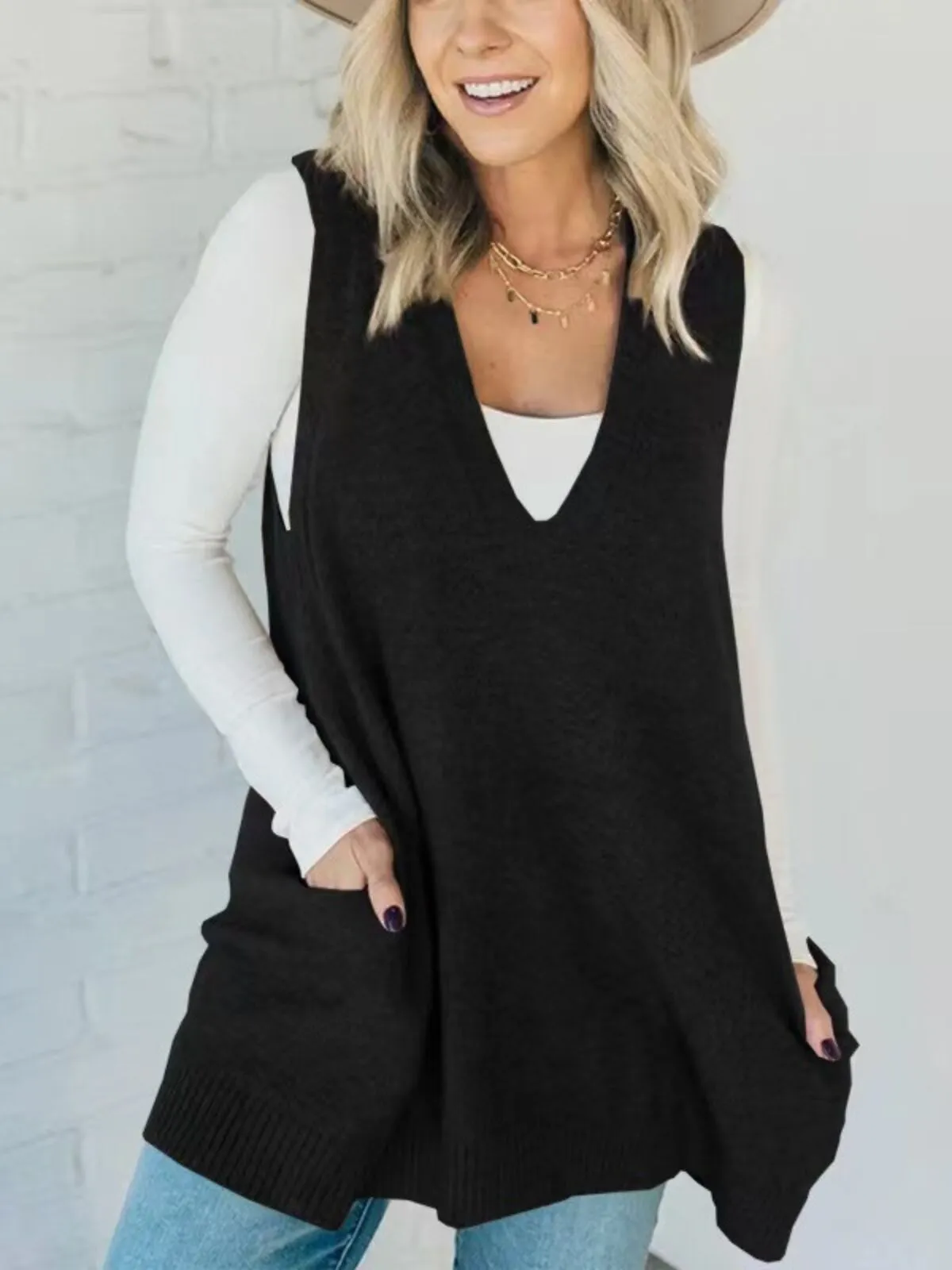 Solid V-neck Casual Vest Oversized Sleeveless Knit Pullover Ribbed Vest Dress, 1 of 2