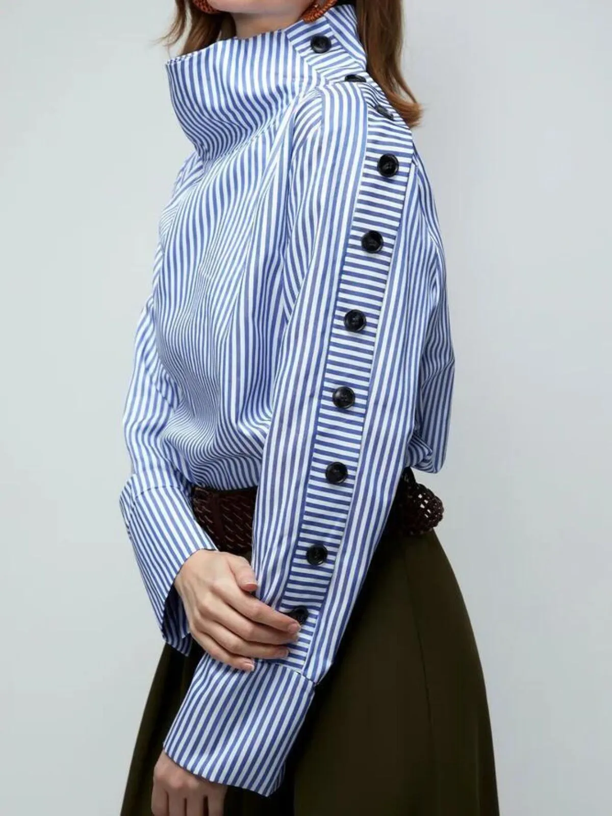 Striped Button Casual Long Sleeve Turndown Collar Single-Breasted Blouse, 2 of 5
