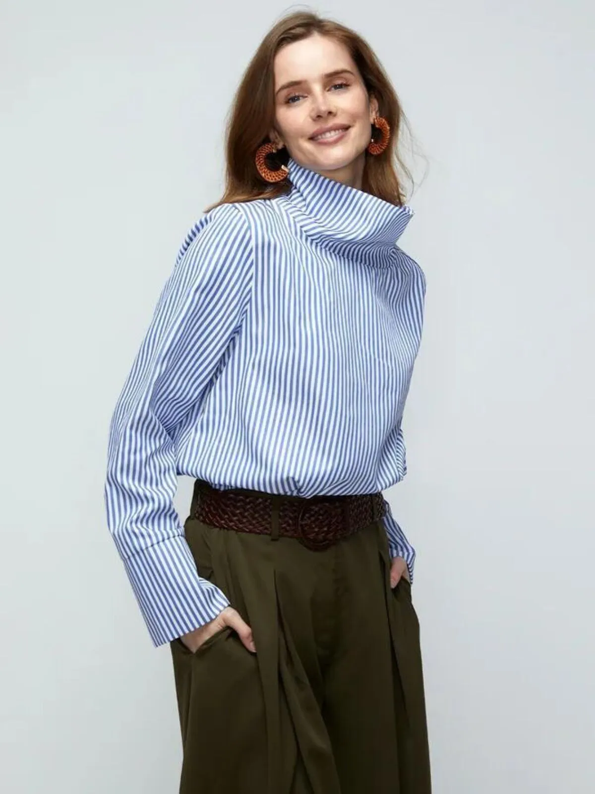Striped Button Casual Long Sleeve Turndown Collar Single-Breasted Blouse, 3 of 5