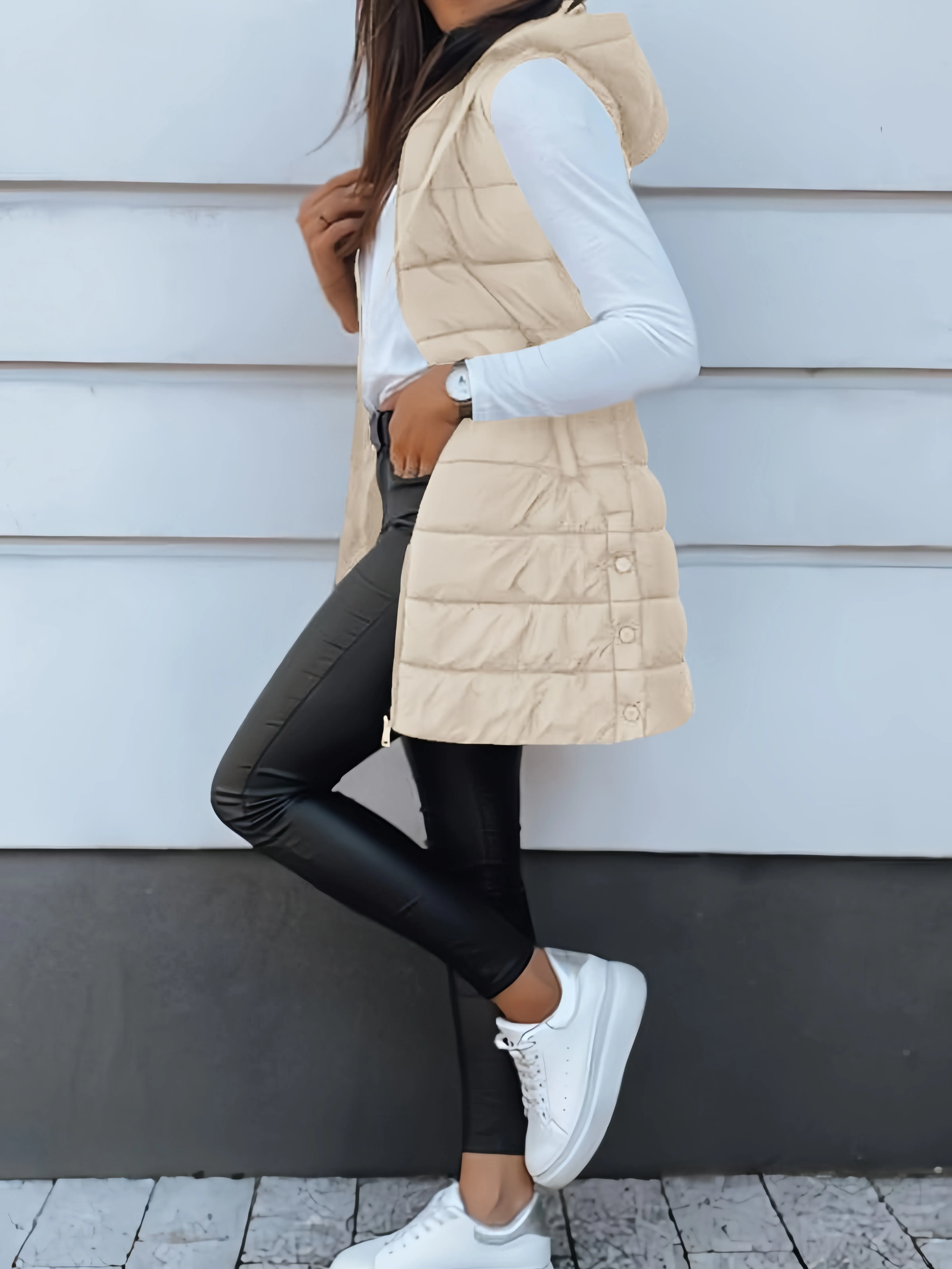 Solid Button Sleeveless Hood Winter Puffer Vest Outwear, 2 of 4