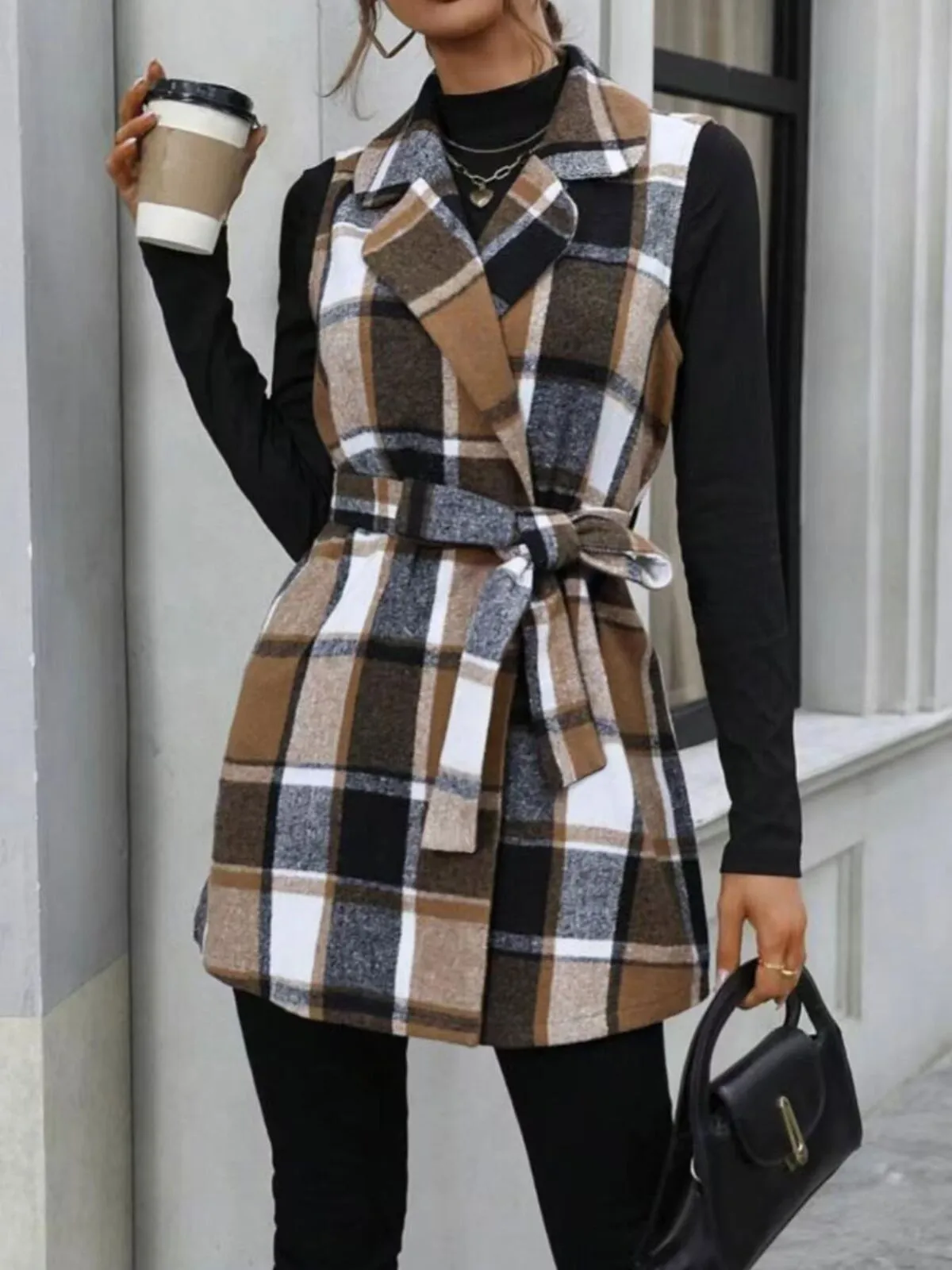 Gingham Plaid Print Tie Back Lapel Outwear Casual Fashion Coat, 1 of 6