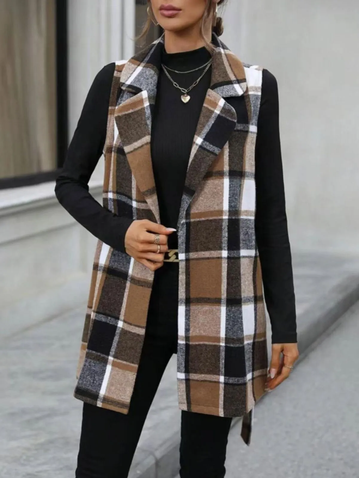 Gingham Plaid Print Tie Back Lapel Outwear Casual Fashion Coat, 4 of 6