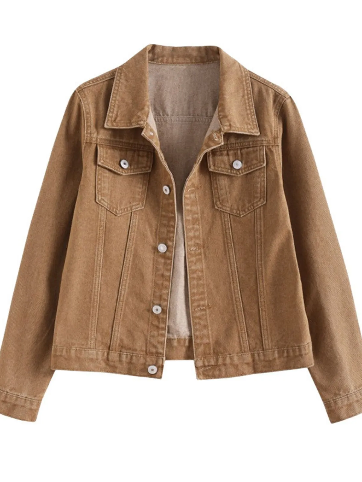 Solid Lapel Basic Button Down Stretch Fitted Denim Coat, 1 of 1