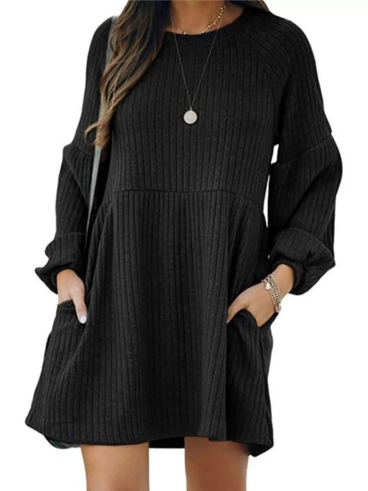 Solid Casual Chic Fall Textured Ribbed Pocket Bishop Sleeve Dress A-line Dress, 1 of 1