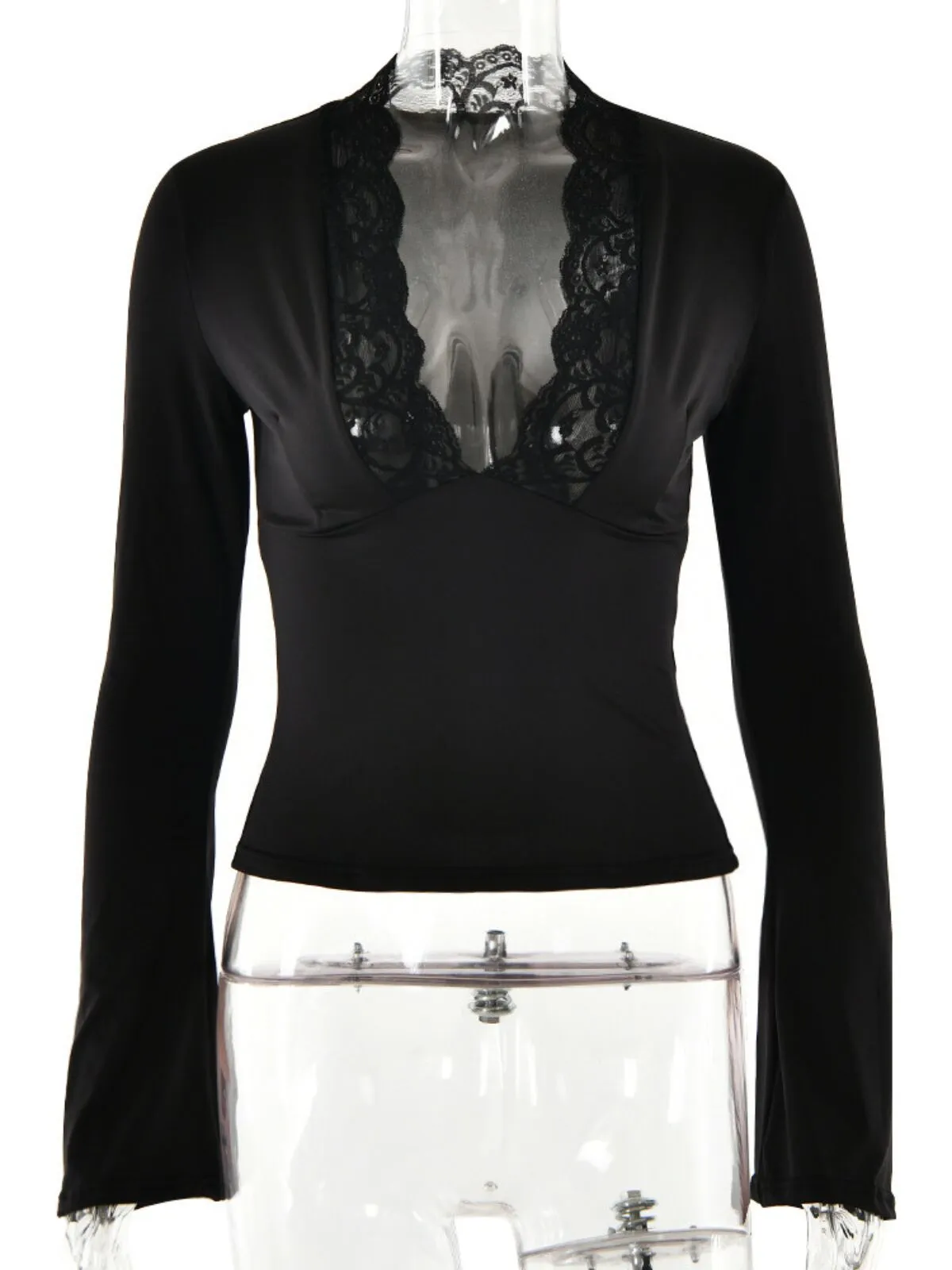 Solid Contrast Lace Deep V-neck Flounce Sleeve T-shirt Elegant Top for Fall, 4 of 10