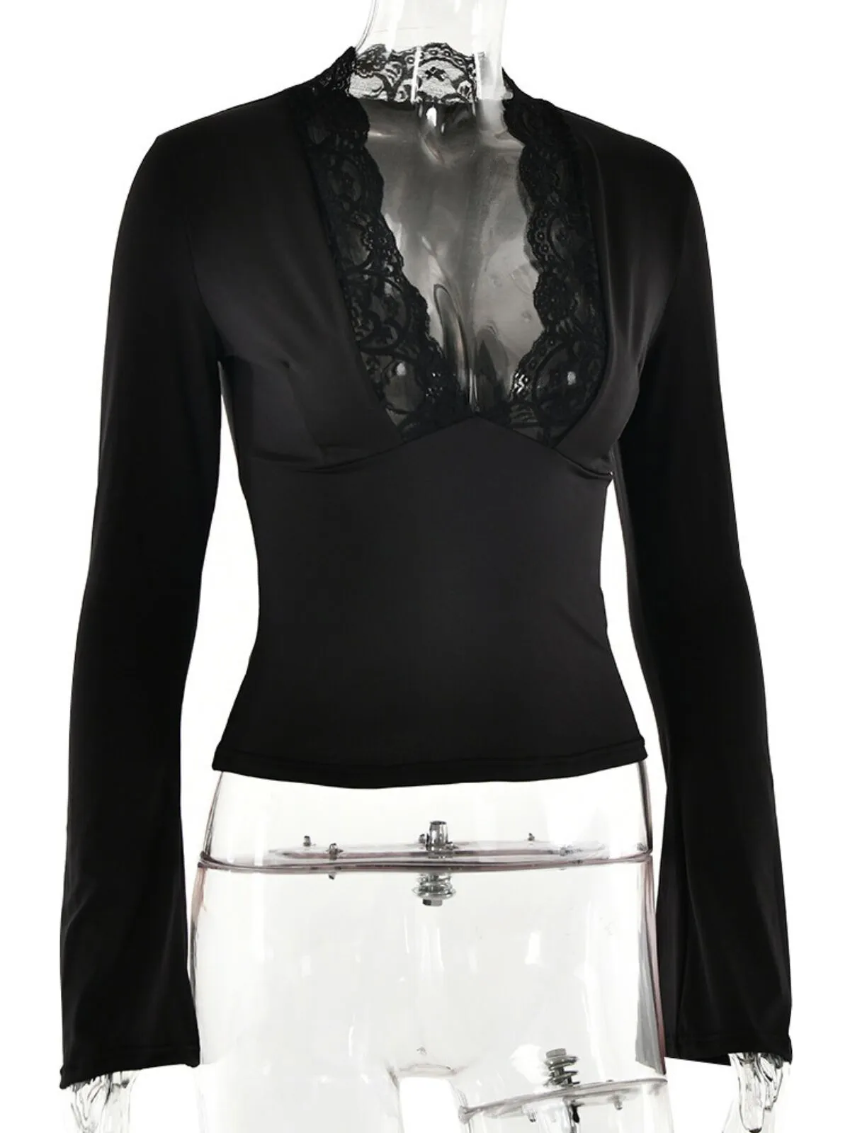 Solid Contrast Lace Deep V-neck Flounce Sleeve T-shirt Elegant Top for Fall, 5 of 10