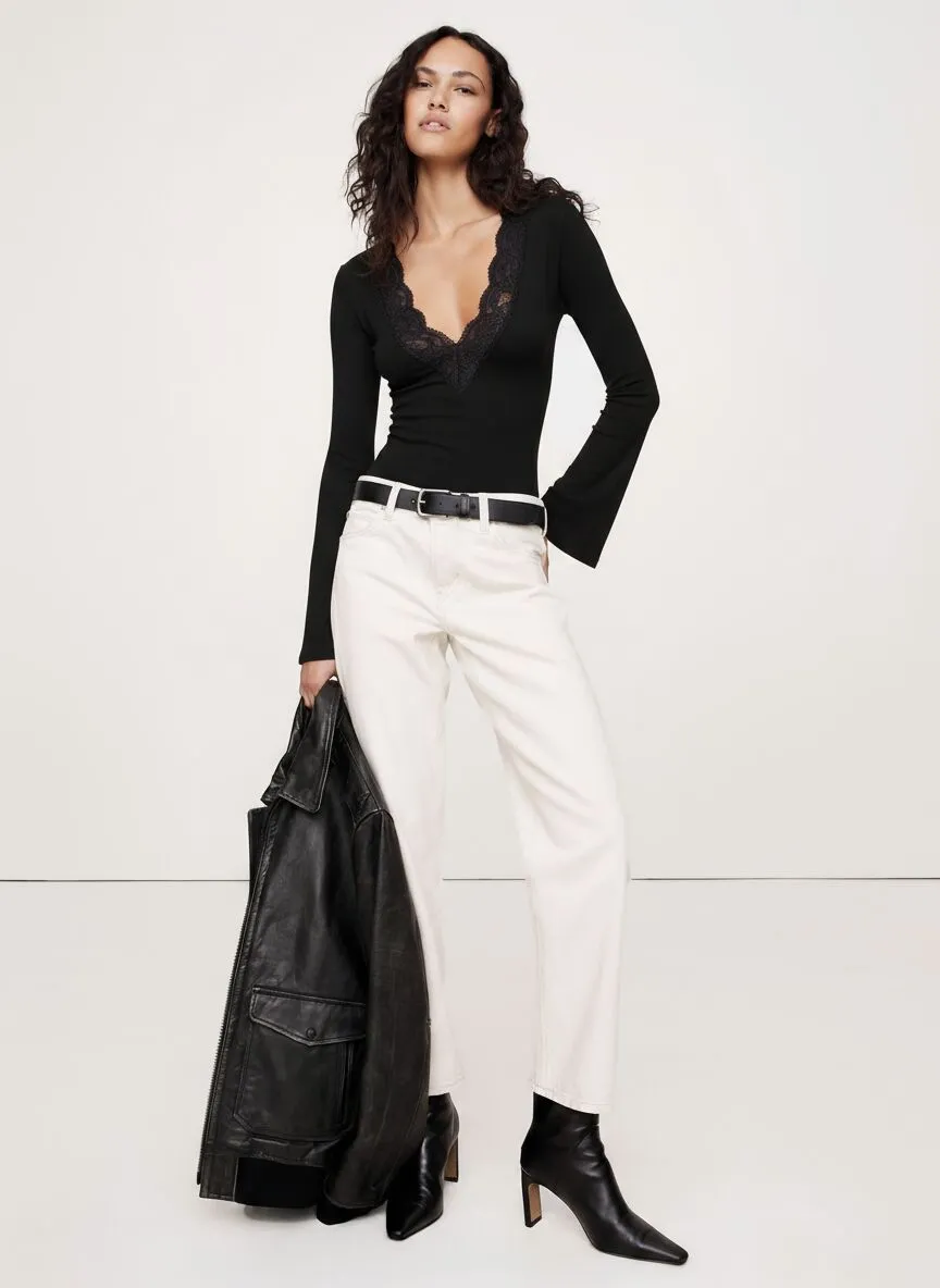 Solid Contrast Lace Deep V-neck Flounce Sleeve T-shirt Elegant Top for Fall, 7 of 10