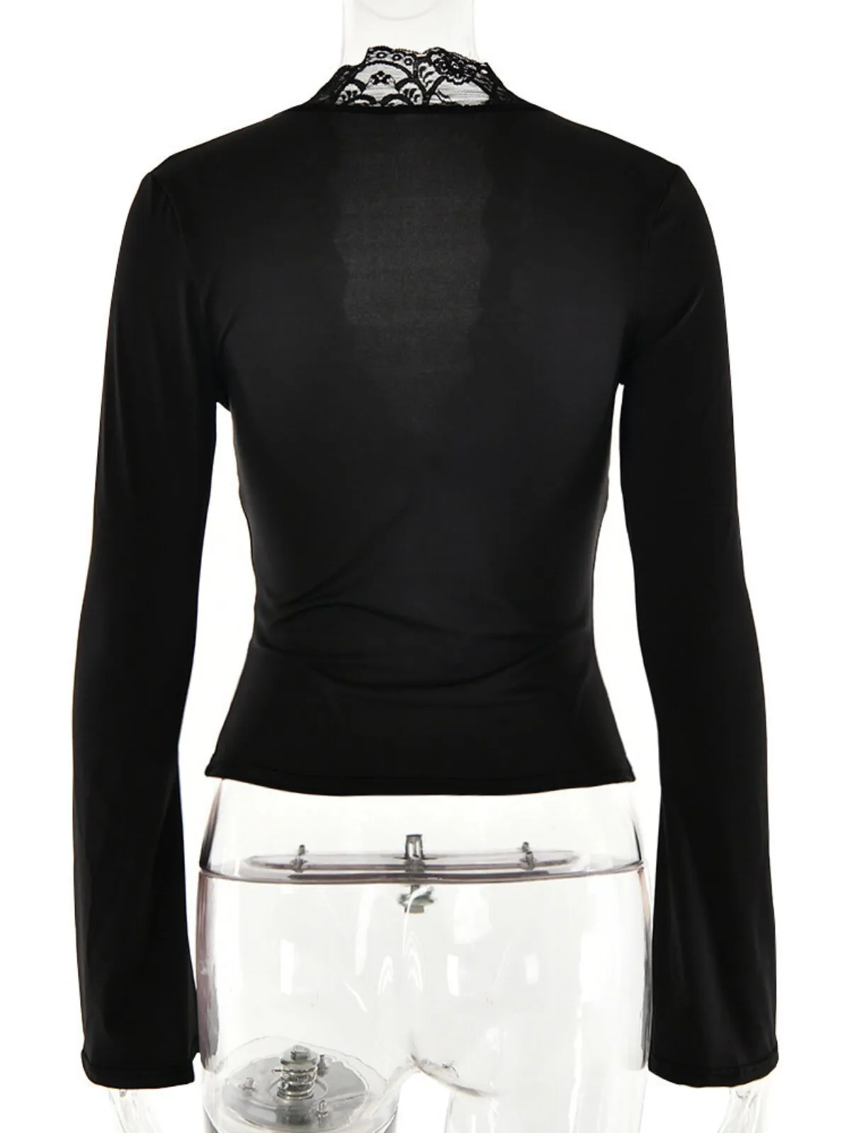 Solid Contrast Lace Deep V-neck Flounce Sleeve T-shirt Elegant Top for Fall, 8 of 10