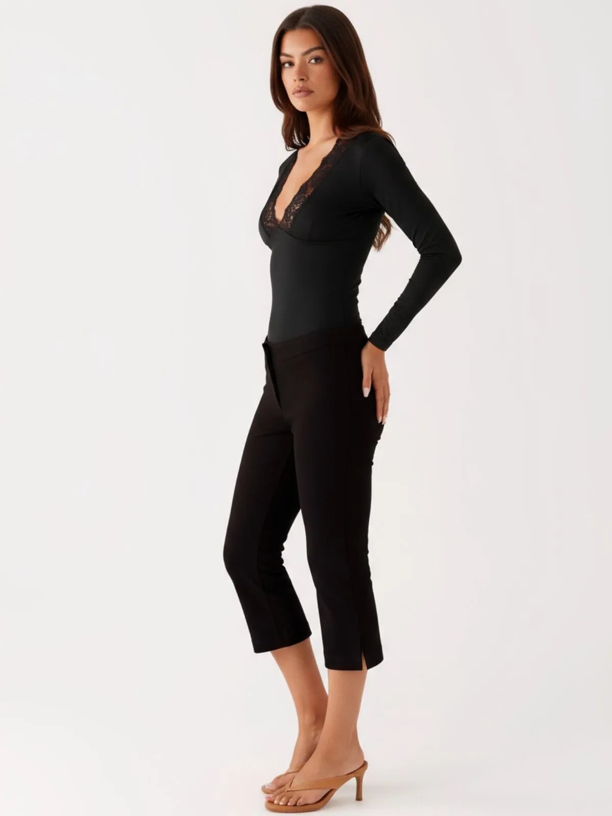 Solid Contrast Lace Deep V-neck Flounce Sleeve T-shirt Elegant Top for Fall, 9 of 10