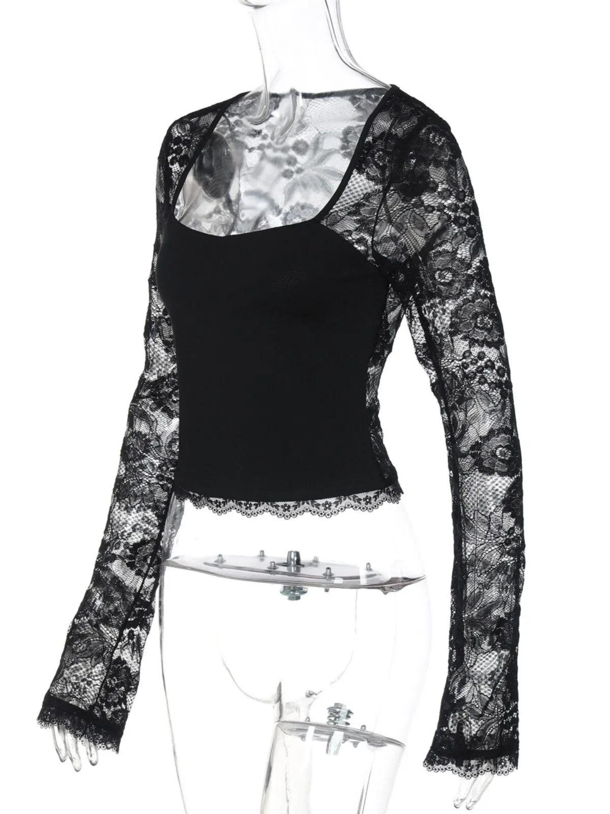 Solid Lace Floral Spliced Ruffles Trim Sheer Long Sleeve Square Neck T-shirt, Sexy Flower Pattern Designed Slim-fit T-shirt for Party Club Holiday, 5 of 8