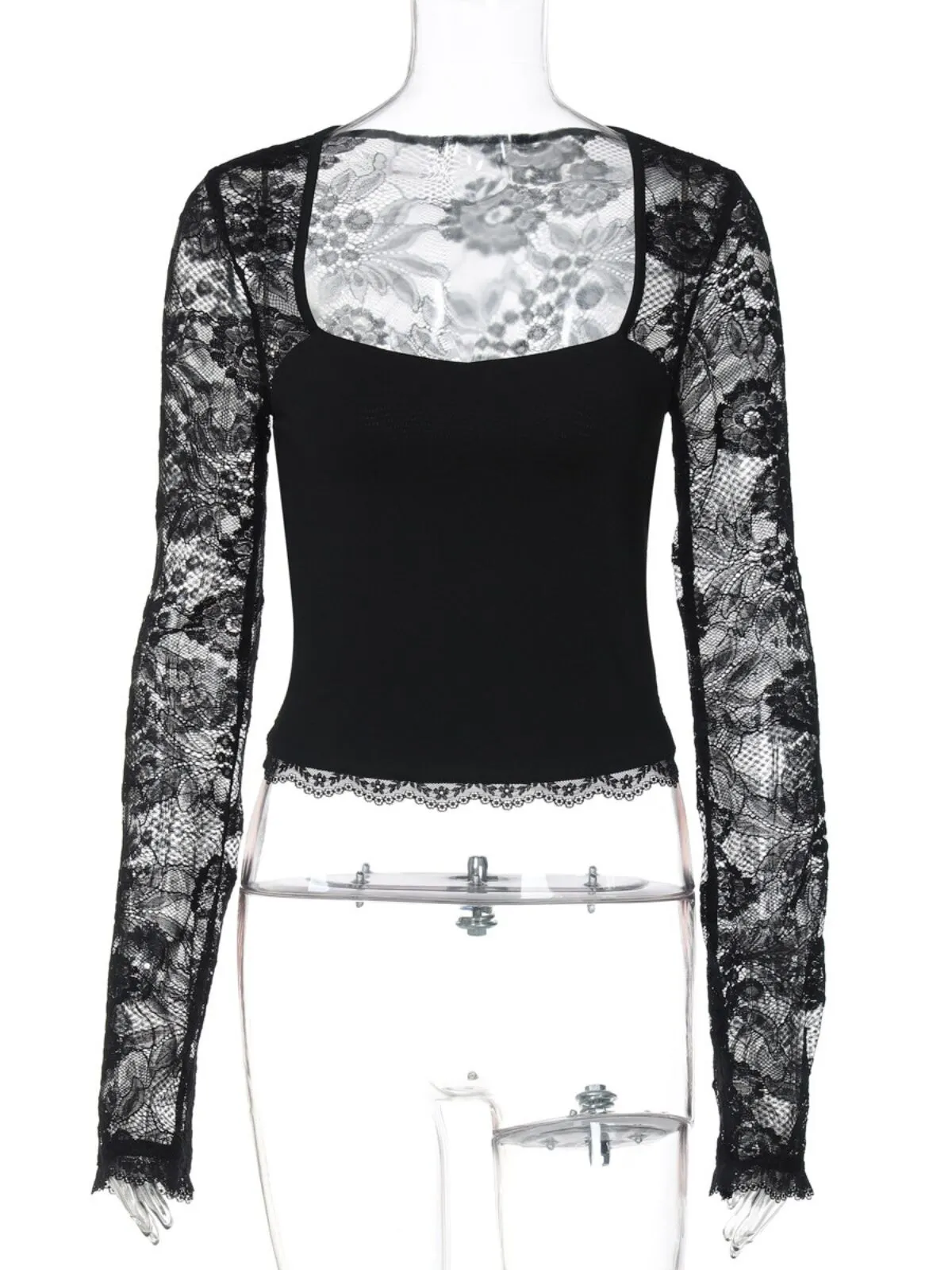 Solid Lace Floral Spliced Ruffles Trim Sheer Long Sleeve Square Neck T-shirt, Sexy Flower Pattern Designed Slim-fit T-shirt for Party Club Holiday, 6 of 8