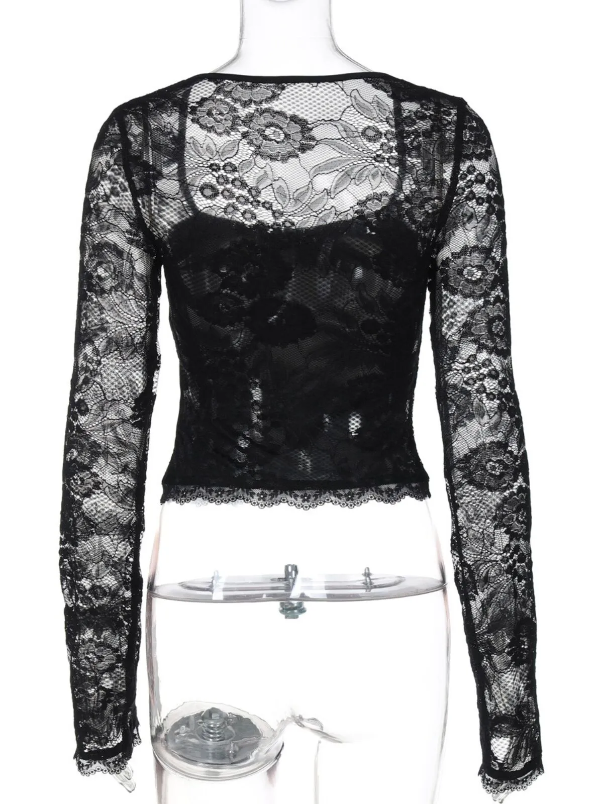 Solid Lace Floral Spliced Ruffles Trim Sheer Long Sleeve Square Neck T-shirt, Sexy Flower Pattern Designed Slim-fit T-shirt for Party Club Holiday, 8 of 8