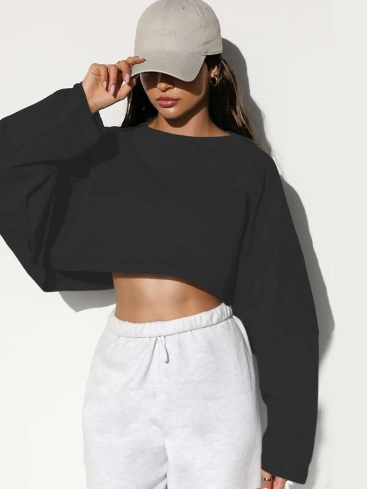 Solid Round Neck Drop Shoulder Batwing Sleeve Crop Basic Street Casual T-shirt, 1 of 1