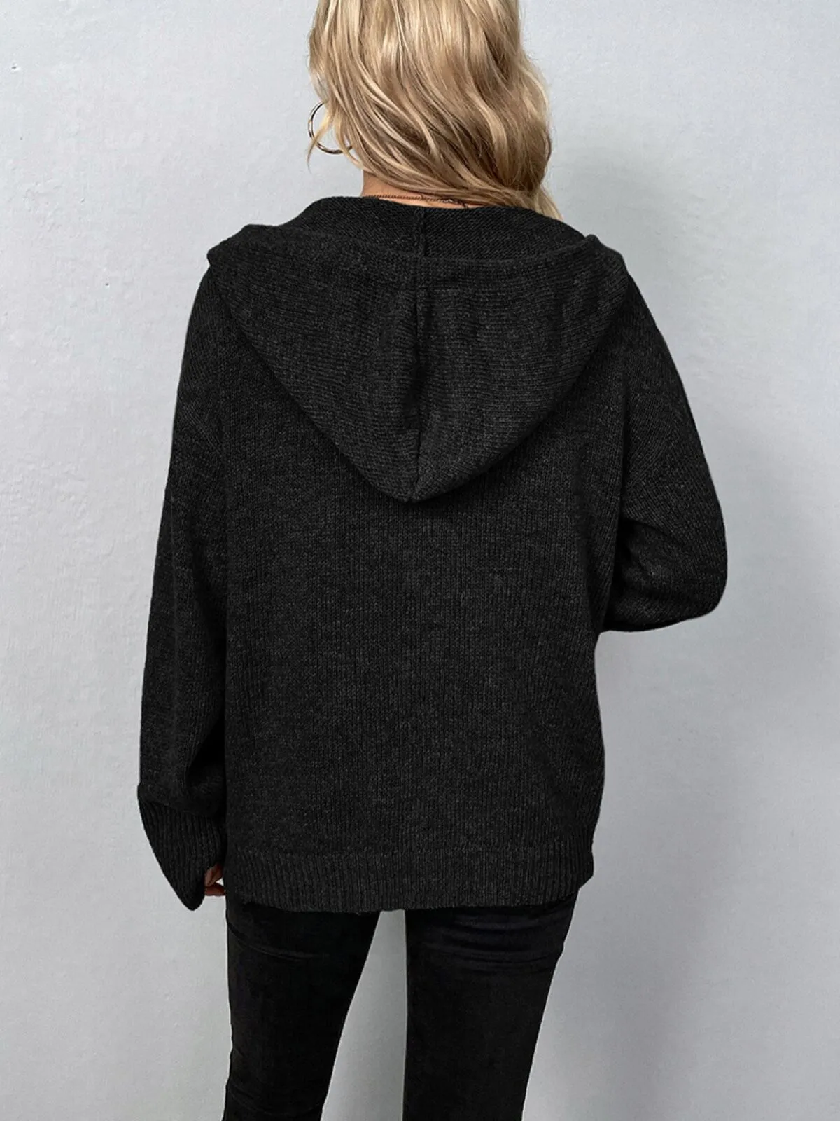 Solid Round Neck Drop Shoulder Button Front Drawstring Hooded Outwear Knit Coat, 2 of 3