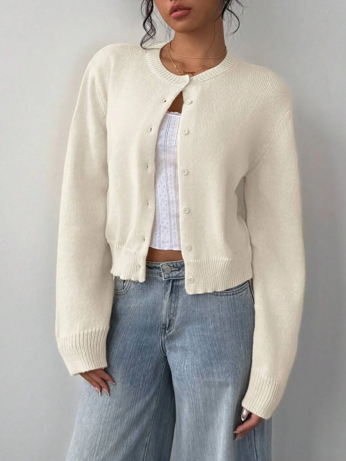 Solid Round Neck Drop Shoulder Loose Cropped Sweater Cardigan, 1 of 1
