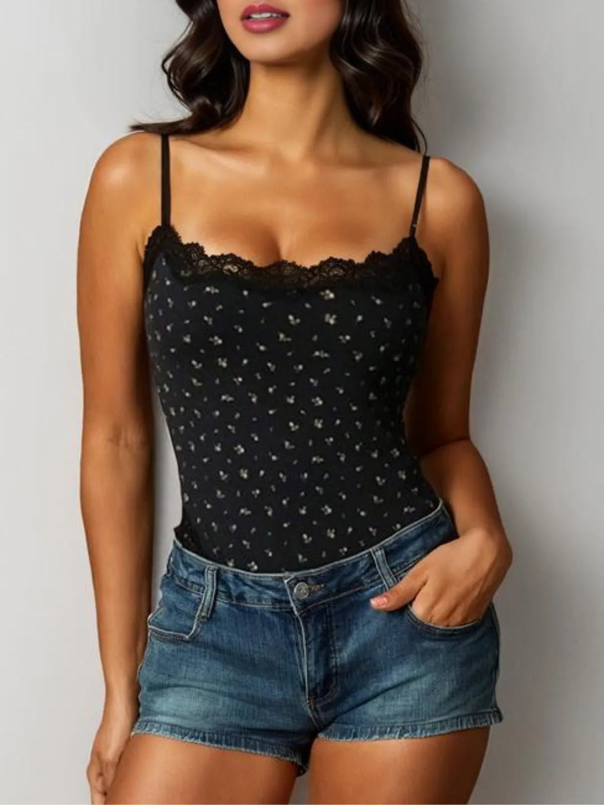 Slim-Fitting Chic Lace Series Spaghetti Strap Lace Trim Breathable Bodysuit, 4 of 4