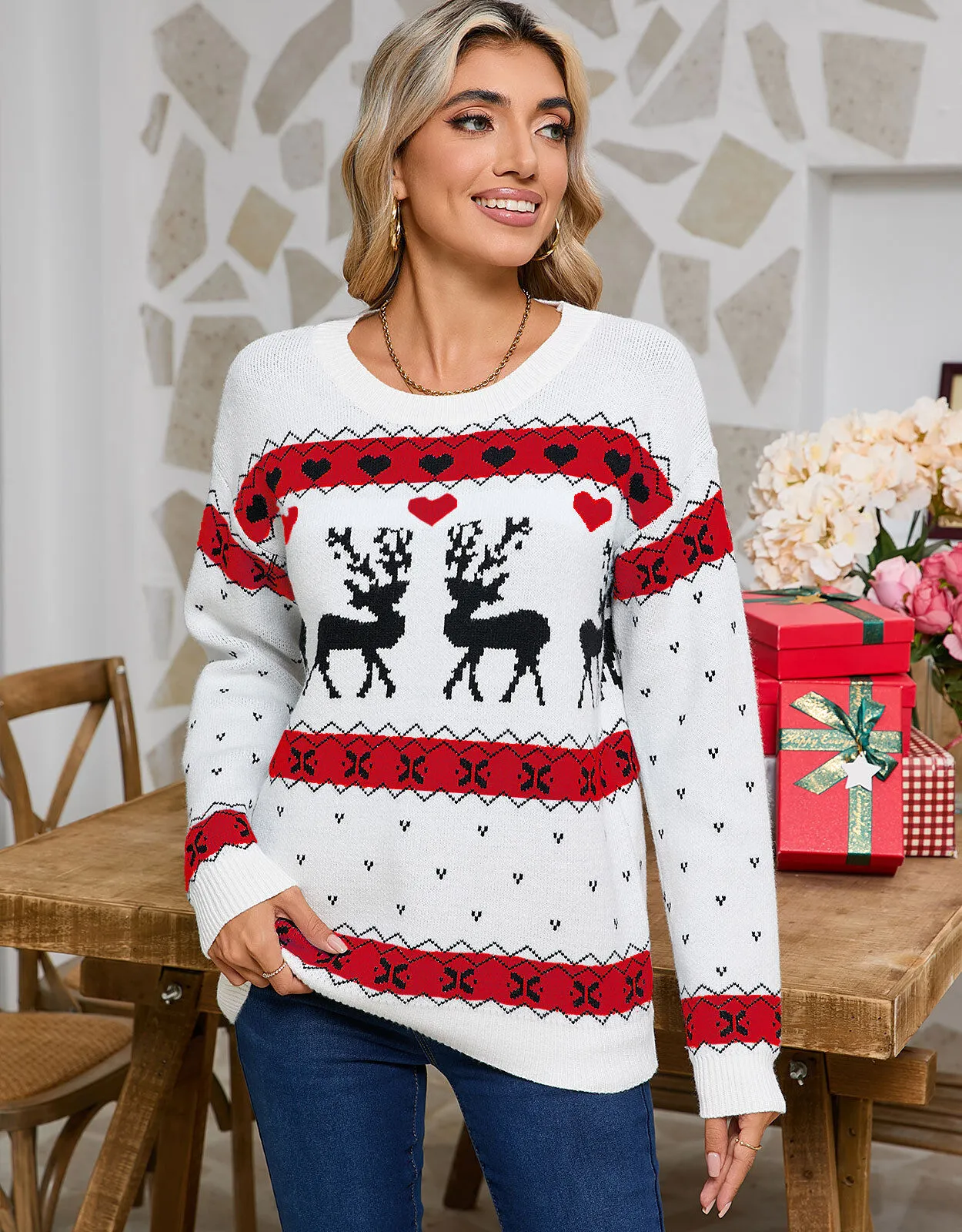 Christmas Rib-knit Round Neck Casual Deer Geometric Pattern Pullover Sweater, 1 of 5