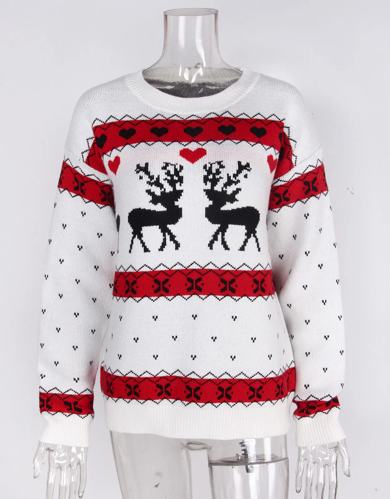 Christmas Rib-knit Round Neck Casual Deer Geometric Pattern Pullover Sweater, 3 of 5