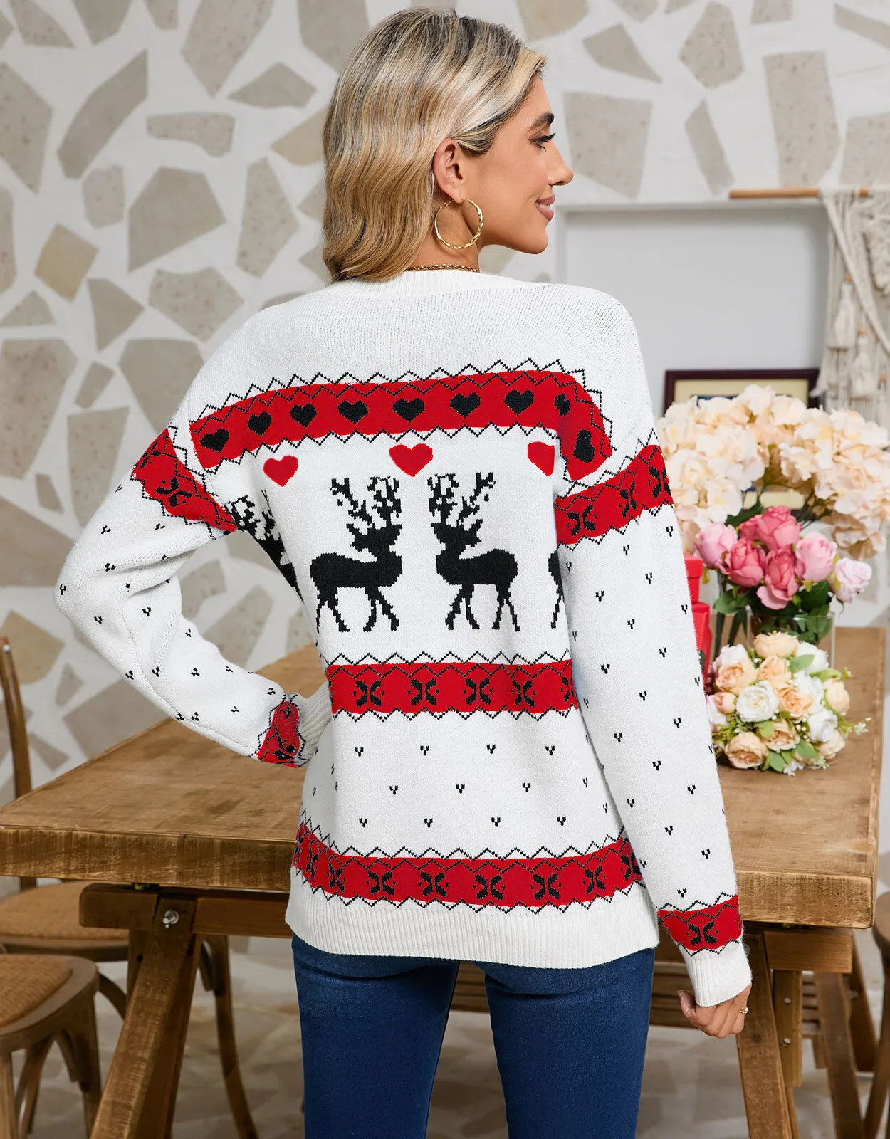 Christmas Rib-knit Round Neck Casual Deer Geometric Pattern Pullover Sweater, 5 of 5