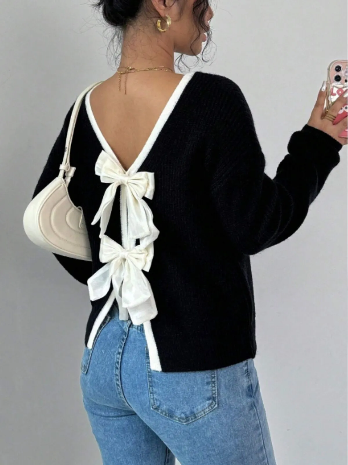 Solid Bow Round Neck High-low Sweater, 1 of 4