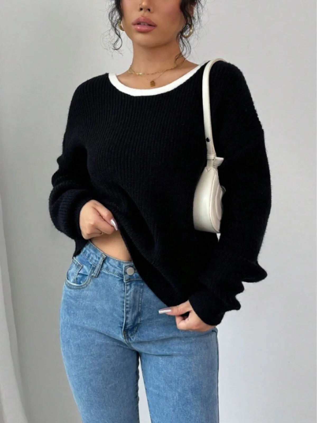 Solid Bow Round Neck High-low Sweater, 2 of 4