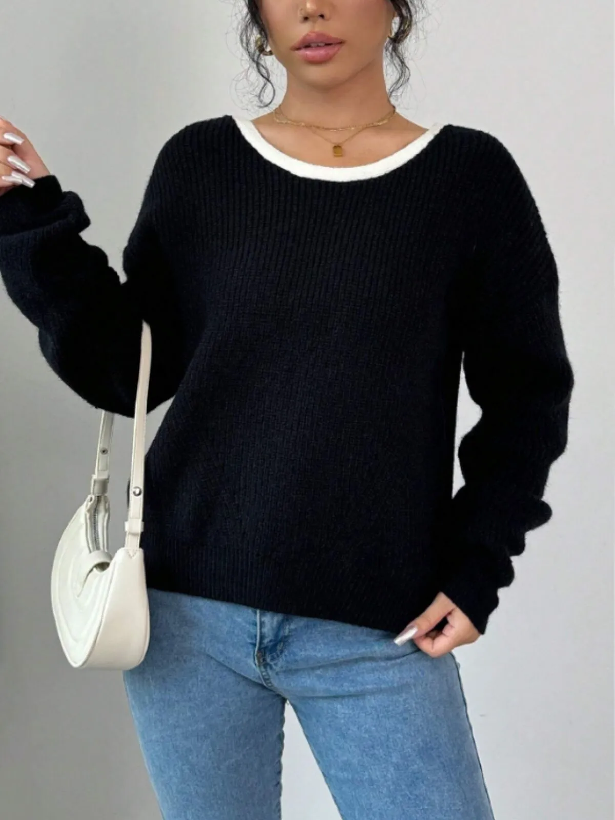 Solid Bow Round Neck High-low Sweater, 3 of 4