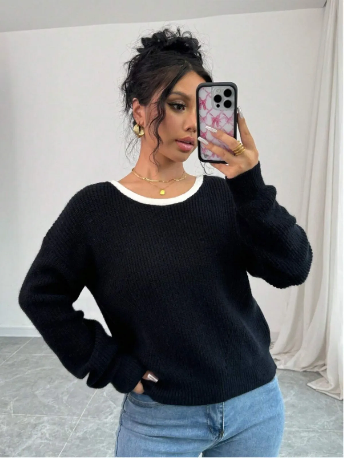 Solid Bow Round Neck High-low Sweater, 4 of 4