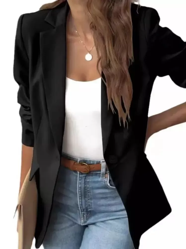 Solid V-neck Outwear Button Lapel Collar Blazer, Elegant Longsleeves Suit Outerwear for Work Office Business, 1 of 6