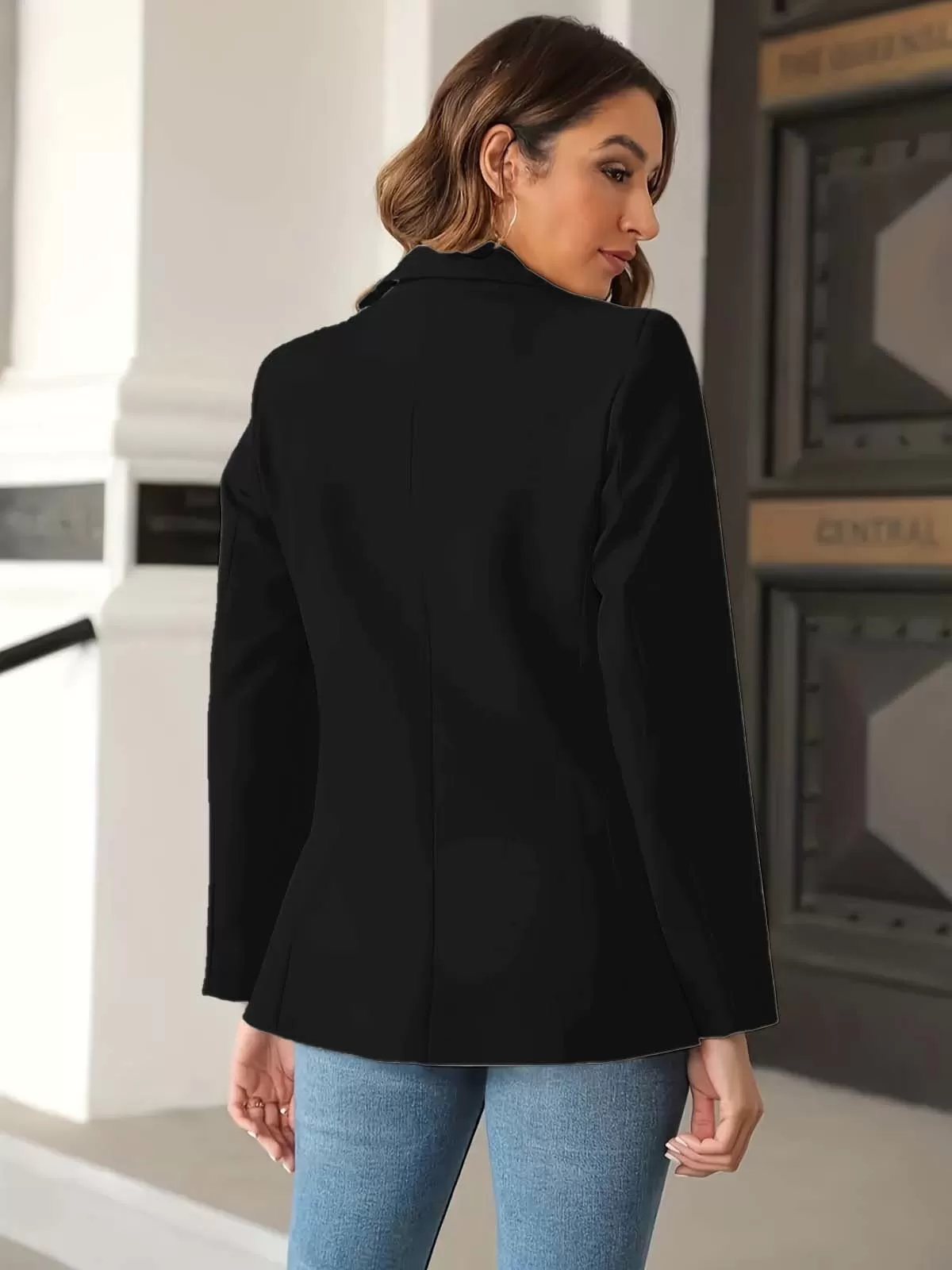 Solid V-neck Outwear Button Lapel Collar Blazer, Elegant Longsleeves Suit Outerwear for Work Office Business, 3 of 6