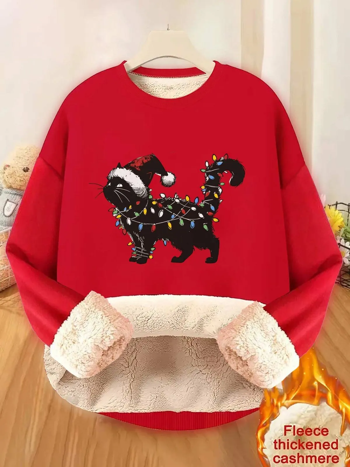 Christmas Cat Print Fleece Pullover Round Neck Drop Shoulder Sweatshirt, 1 of 4