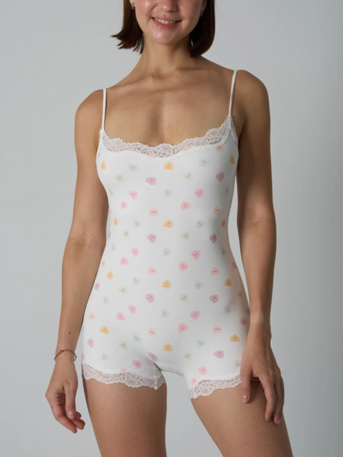 Seamless Sexy Lace Series Spaghetti Strap Lace Trim Breathable Bodysuits, 1 of 1