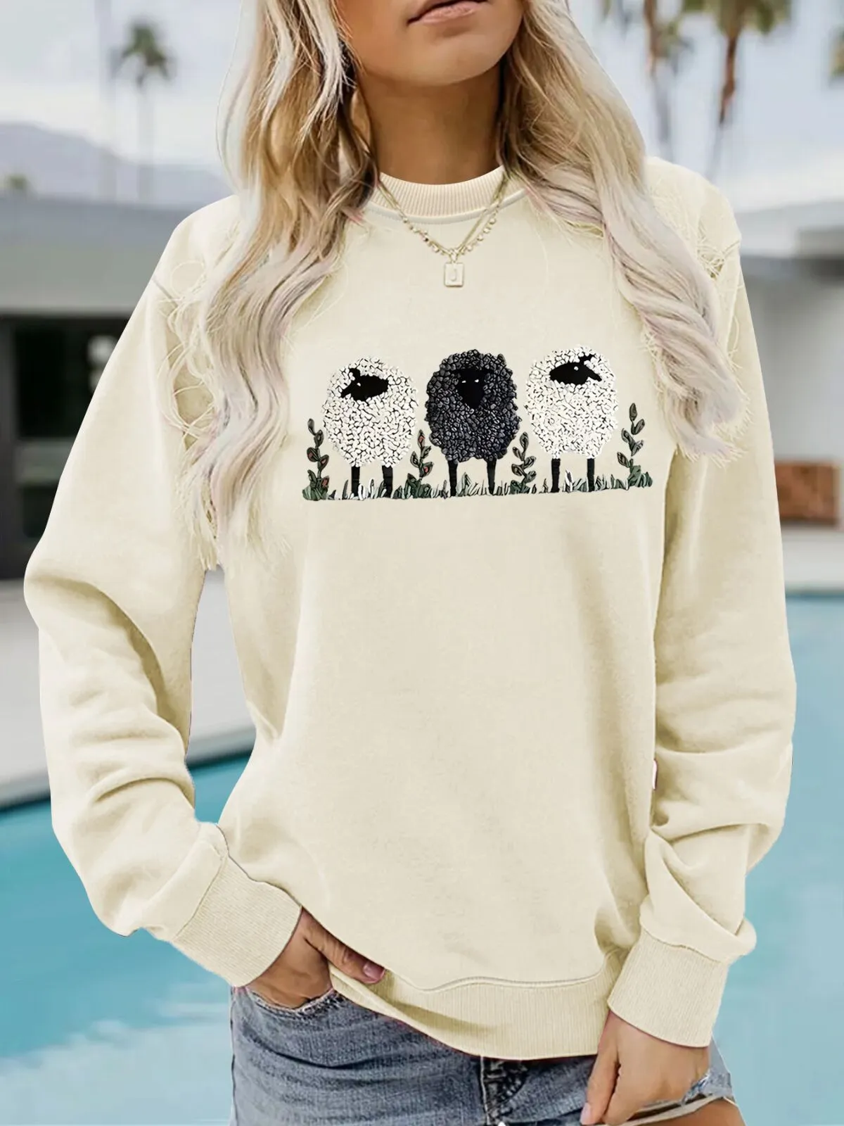 Animal Cute Sheep Print Round Neck Drop Shoulder T-shirt, 1 of 1