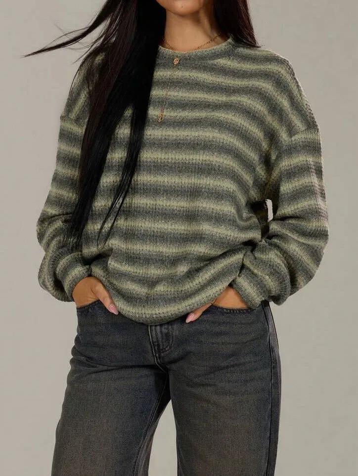 Striped Pattern Round Neck Drop Shoulder Sweater Knit Pullover Fall Winter Outfit, 1 of 3