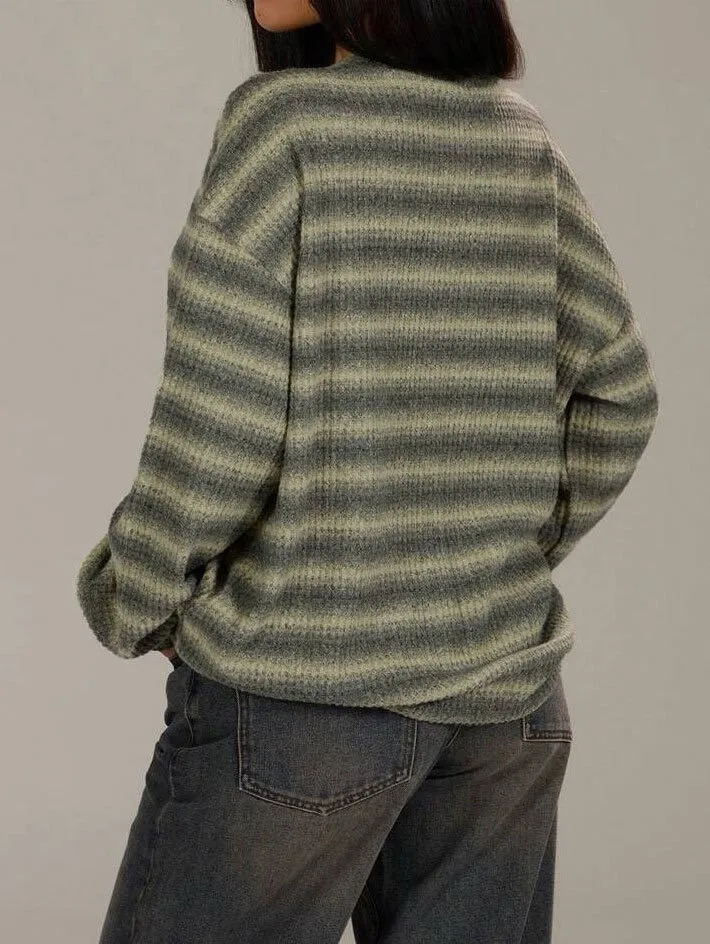 Striped Pattern Round Neck Drop Shoulder Sweater Knit Pullover Fall Winter Outfit, 2 of 3