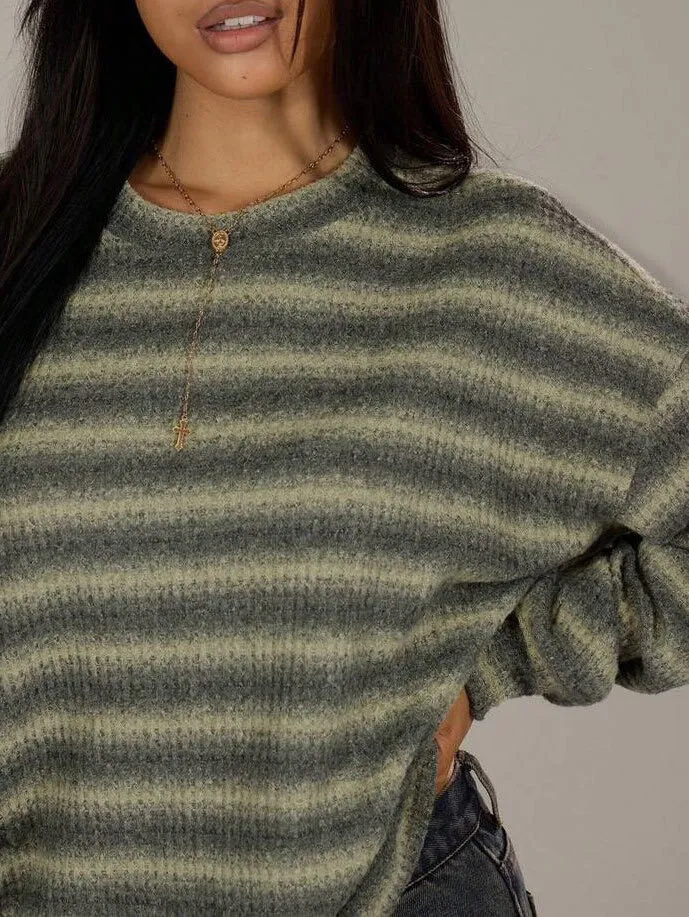 Striped Pattern Round Neck Drop Shoulder Sweater Knit Pullover Fall Winter Outfit, 3 of 3