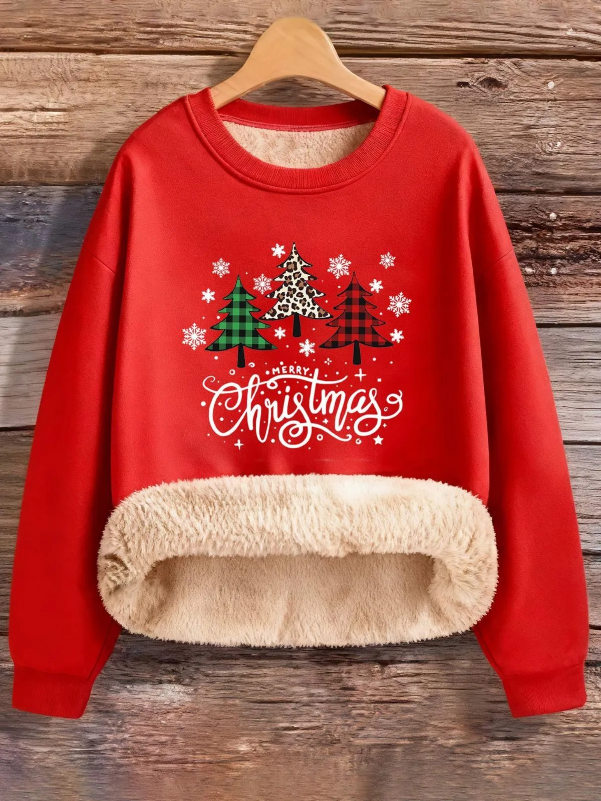 Christmas Leopard Plaid Tree Round Neck Pullover Sweatshirt, 1 of 4