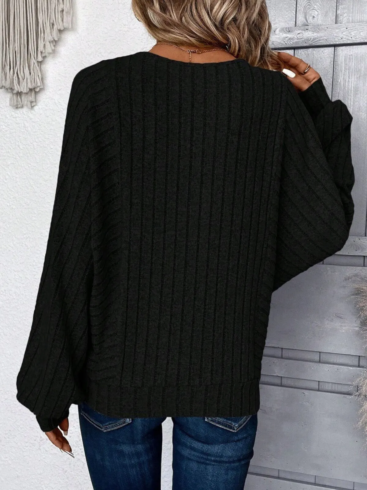 Solid Round Neck Batwing Sleeve Fall Casual Loose Fit Knit Sweater, 2 of 3