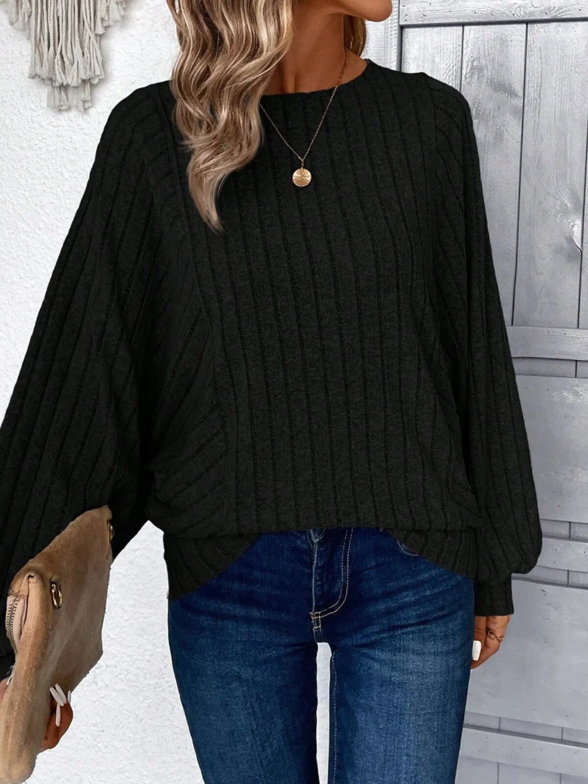 Solid Round Neck Batwing Sleeve Fall Casual Loose Fit Knit Sweater, 3 of 3