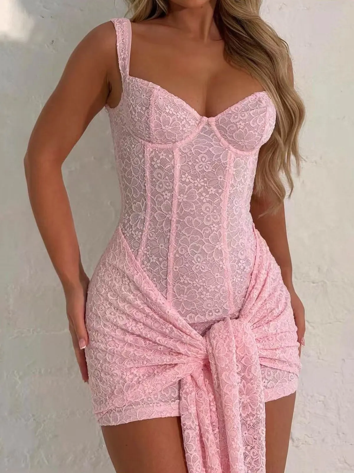 Jacquard Print Tie Front Solid Color Party Club Night Out Backless Dress, 2 of 4