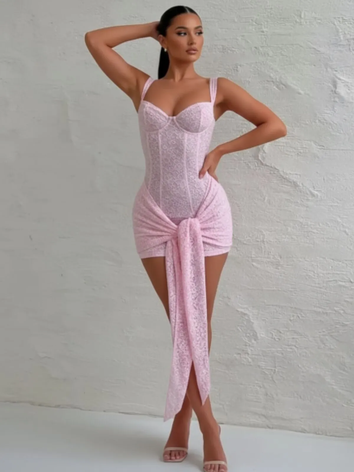 Jacquard Print Tie Front Solid Color Party Club Night Out Backless Dress, 3 of 4