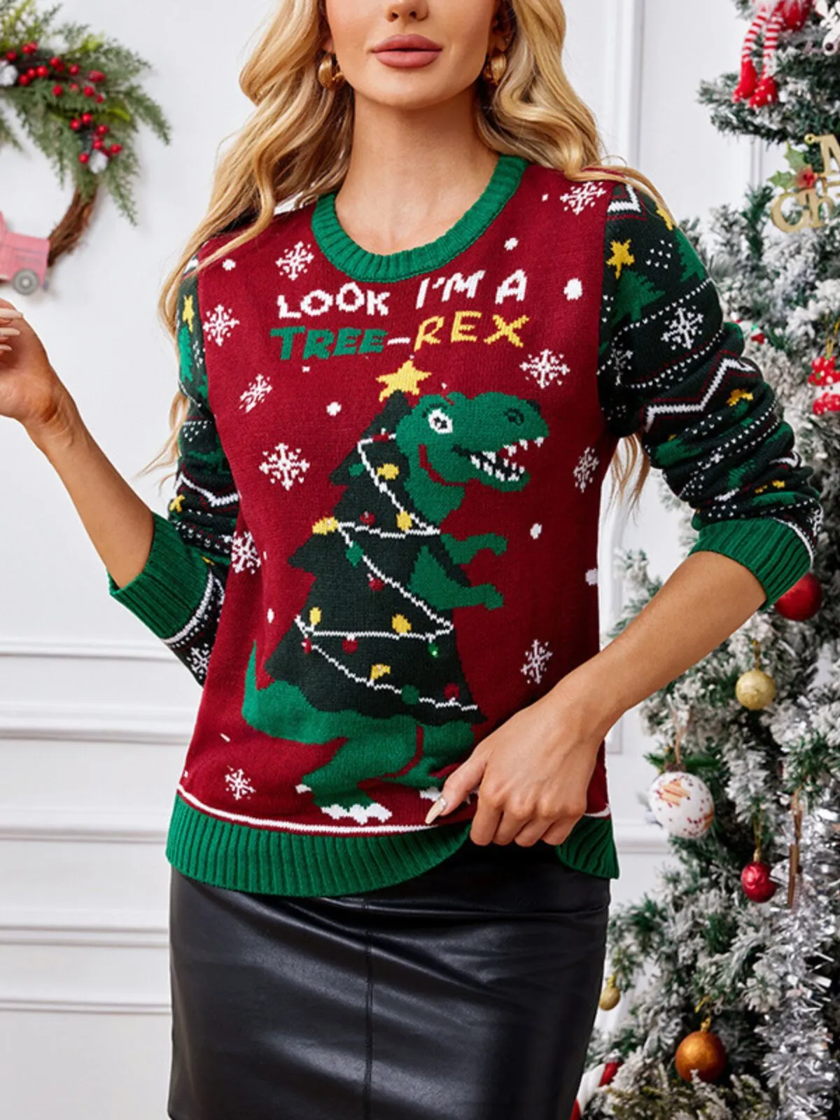 Christmas Dinosaur Round Neck Cute Fuzzy Funny  Knitted Pullover Sweater, 3 of 5