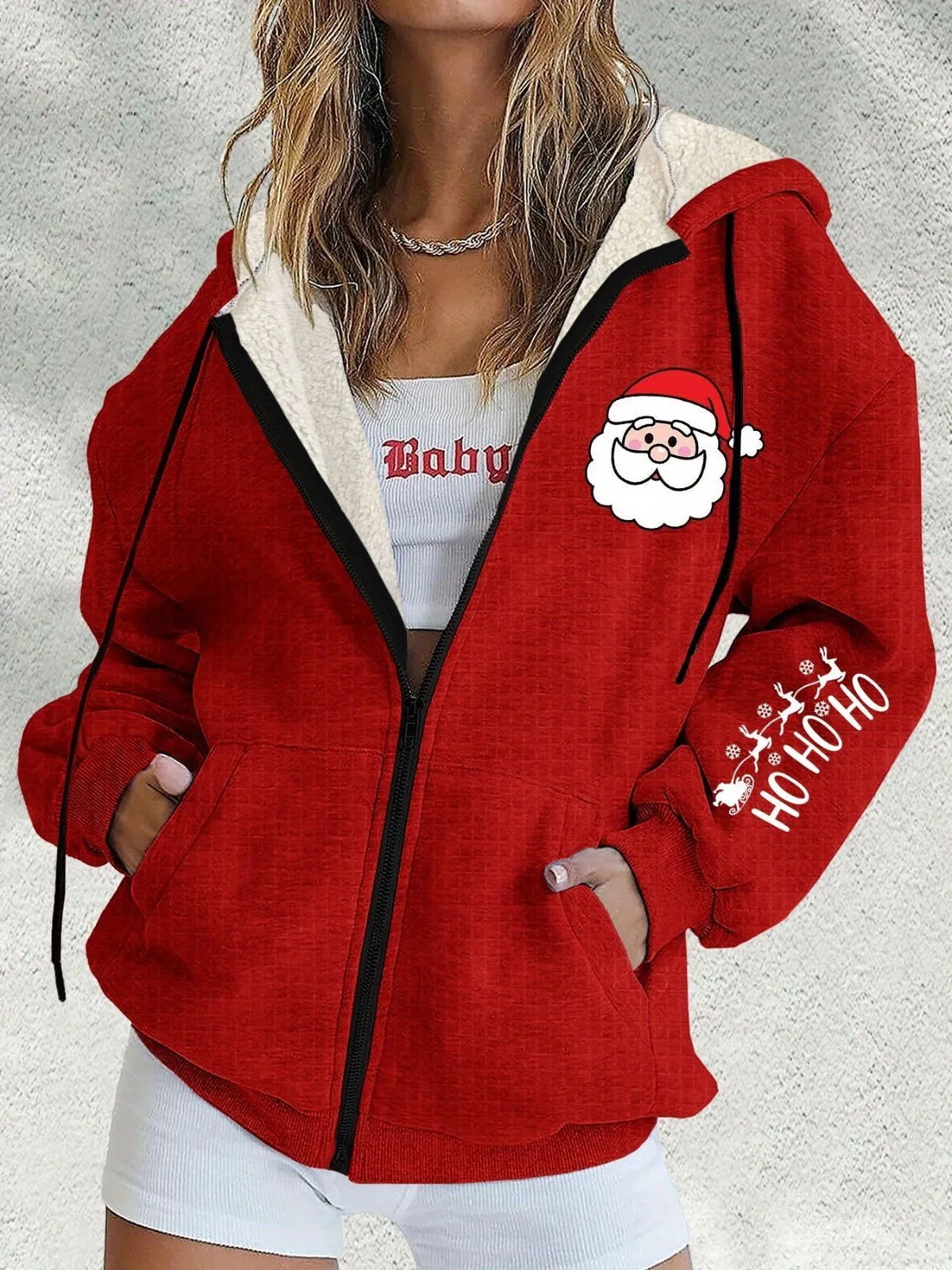Christmas Santa Claus Round Neck Drop Shoulder with Pockets Hooded Coats Fall Outfits, 1 of 3