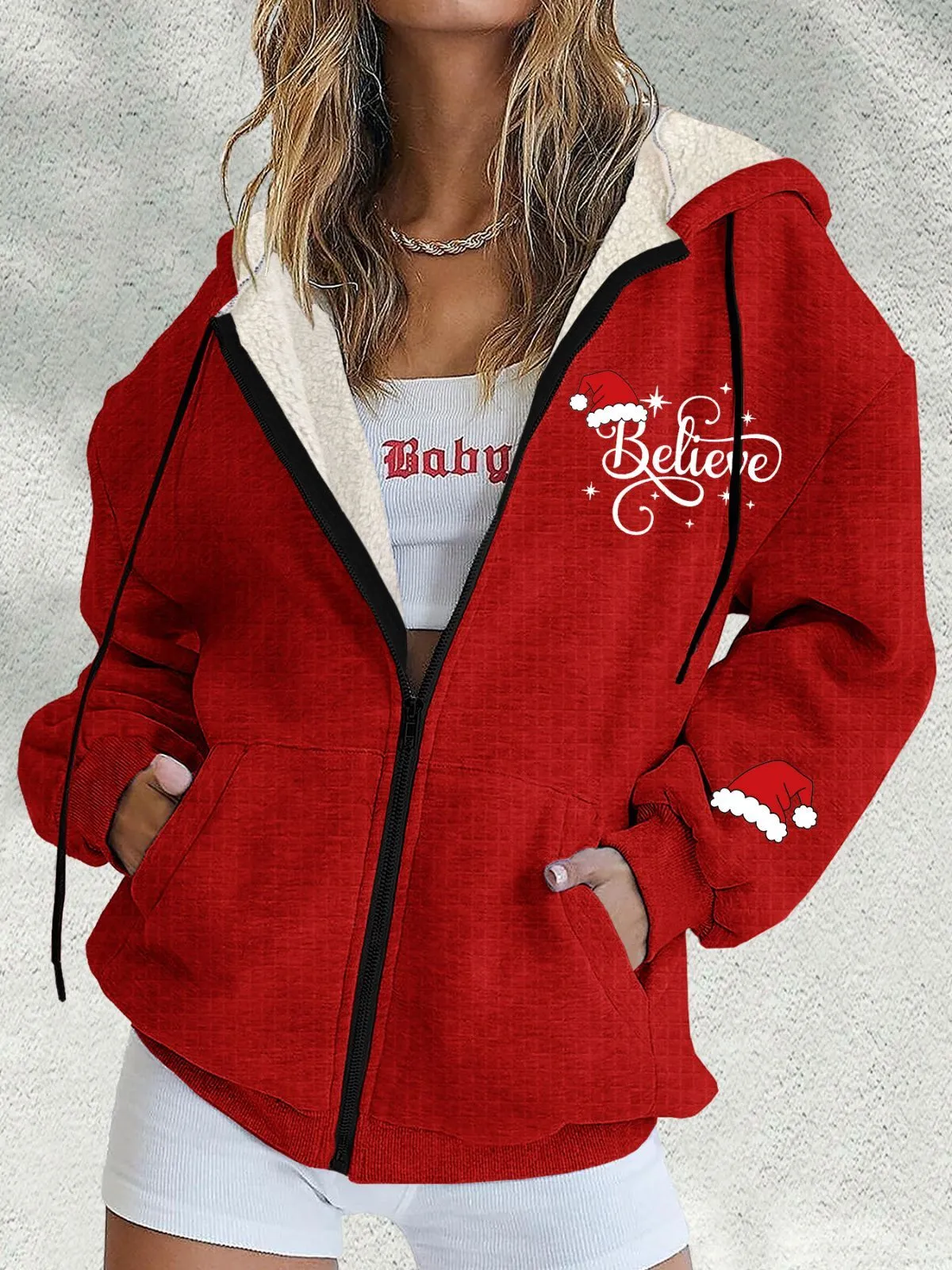 Trendy Christmas Round Neck Drop Shoulder Pockets Hooded Coats Fall Outfits, 1 of 3